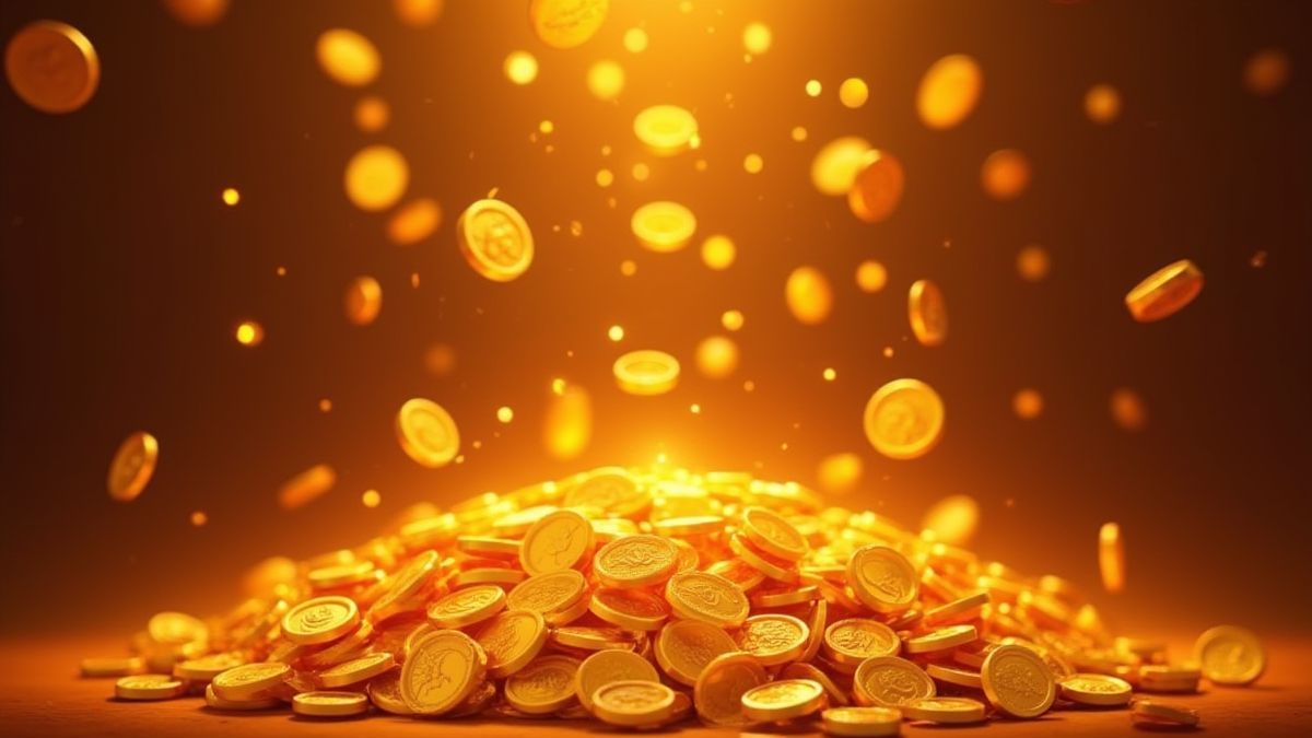 Goldmünzen fallen in einer Bonusrunde.