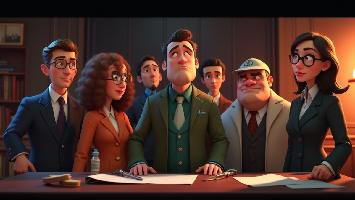 Groupe de suspects dans un manoir avec des outils de détective.