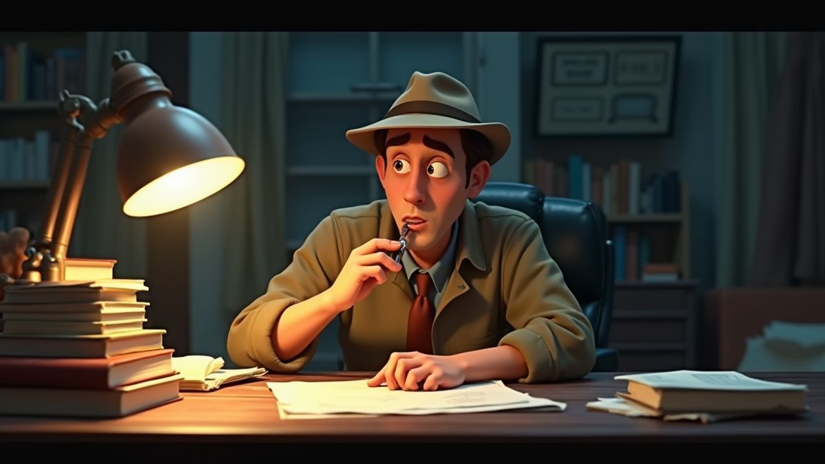 Détective analysant des indices sur un bureau chargé de notes.