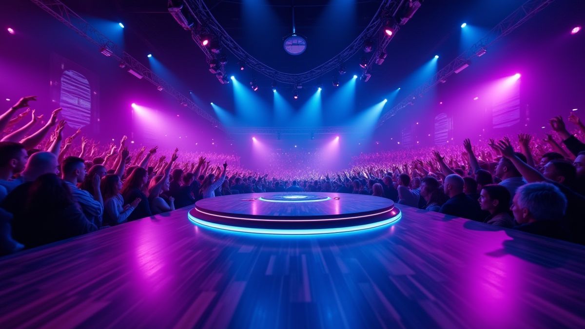 Studio de télévision avec éclairage violet et bleu.