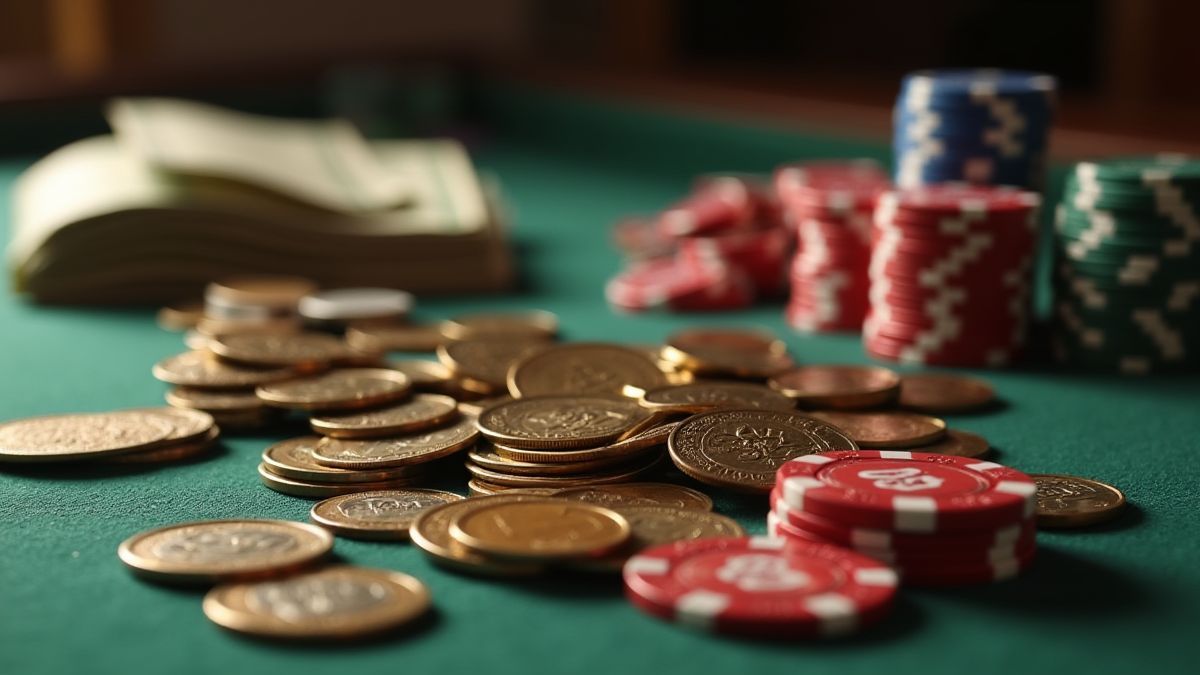 Table avec des pièces, des billets et des jetons de pari.
