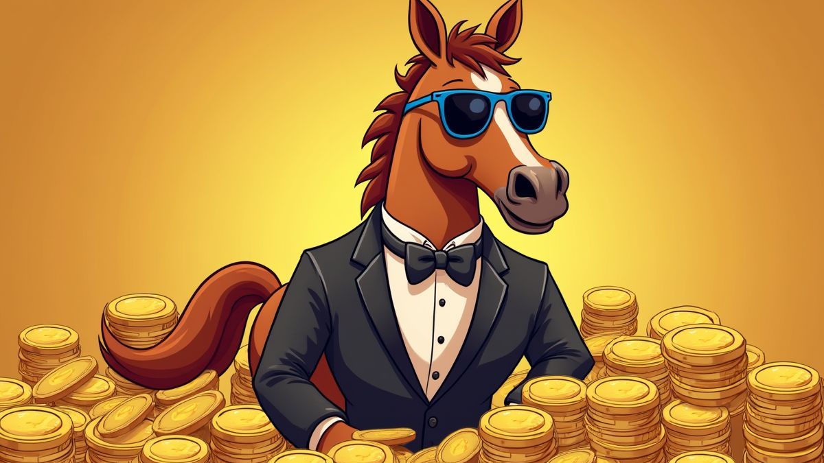 Cartoonish horse with sunglasses and tuxedo next to piles of gold coins.