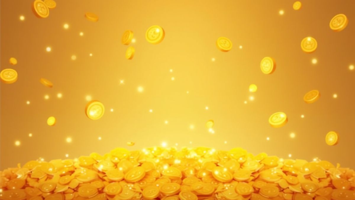Shimmering gold coins falling in a cartoonish style.