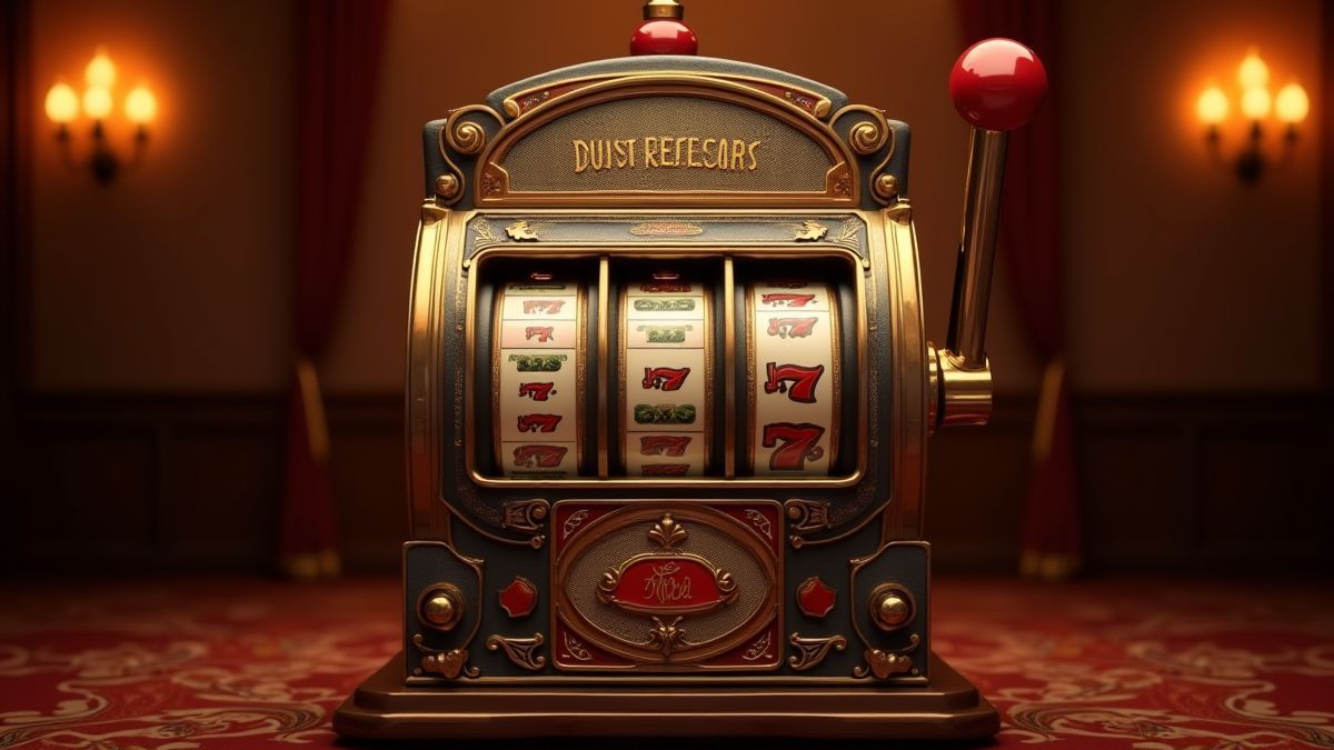 Vintage slot machine with three reels in a luxurious environment.