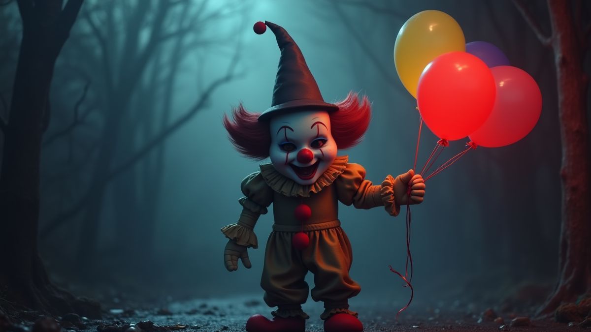 Un payaso sosteniendo globos en un circo oscuro.