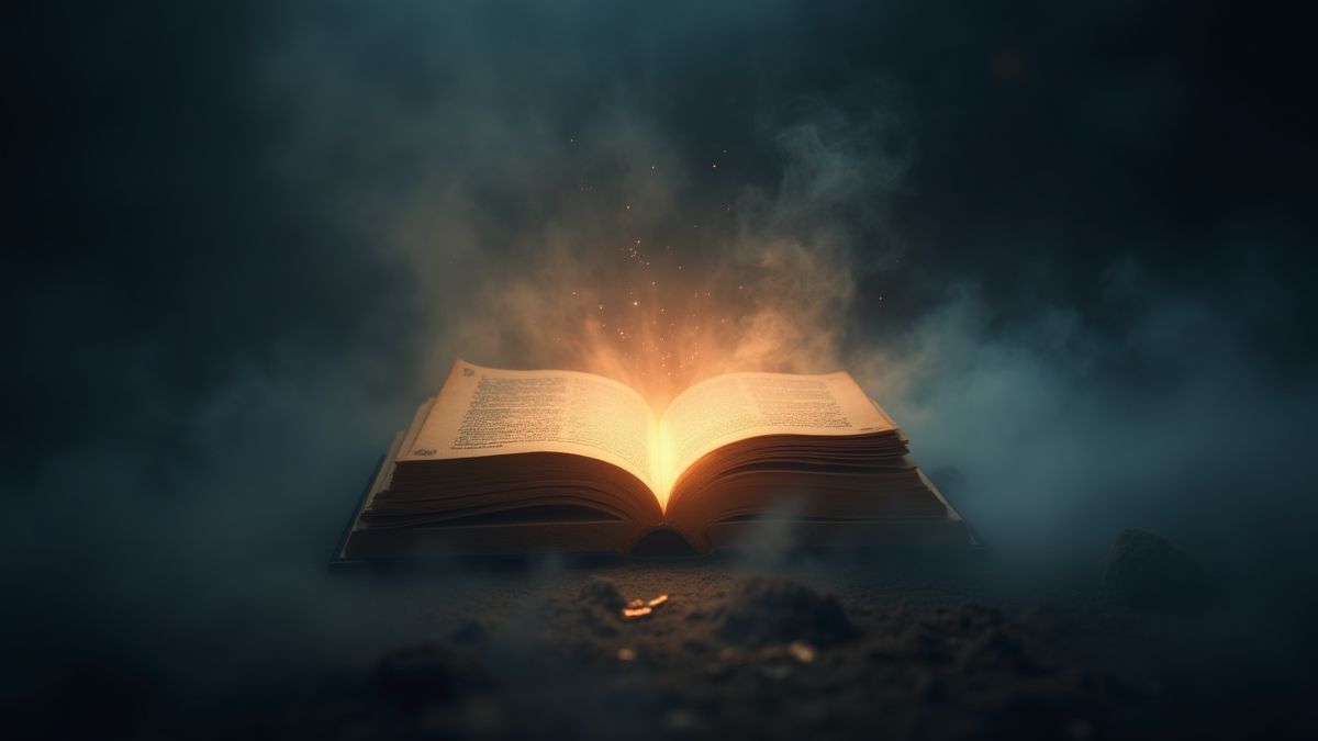 Libro mágico brillante rodeado de niebla oscura.
