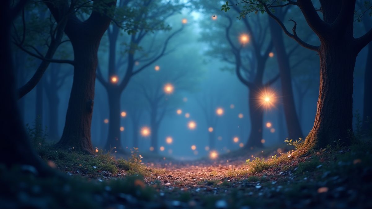 Símbolos Scatter flotando en un bosque mágico.