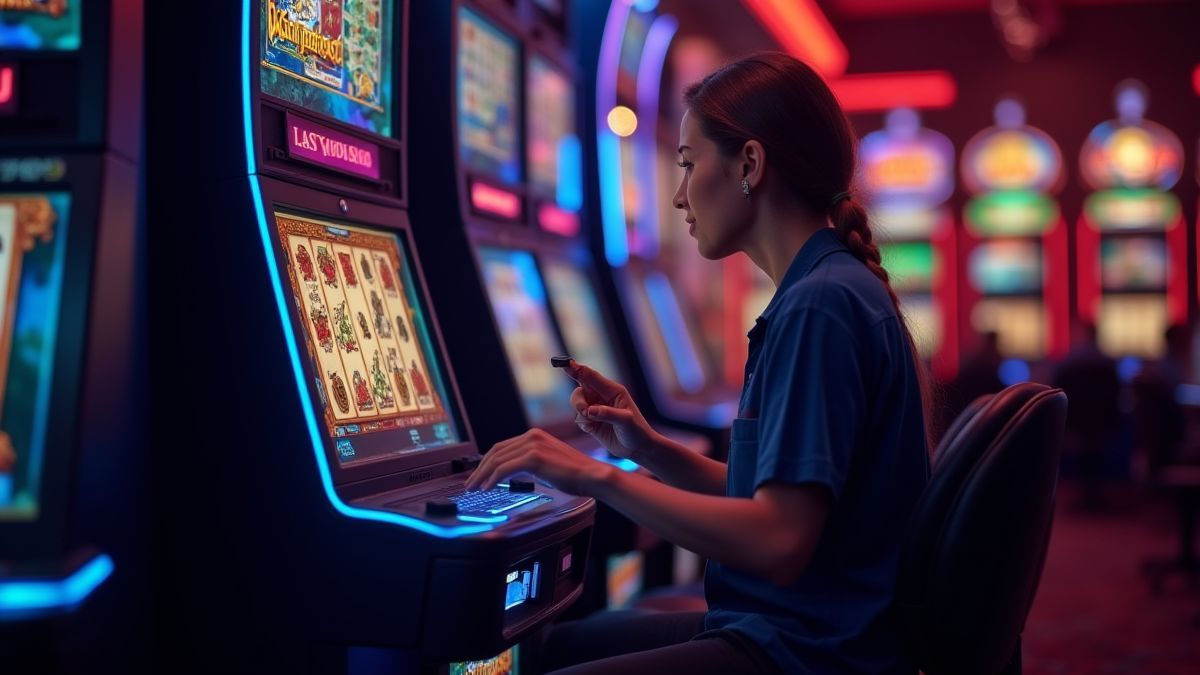 Jugador disfrutando de una tragamonedas en un ambiente oscuro.