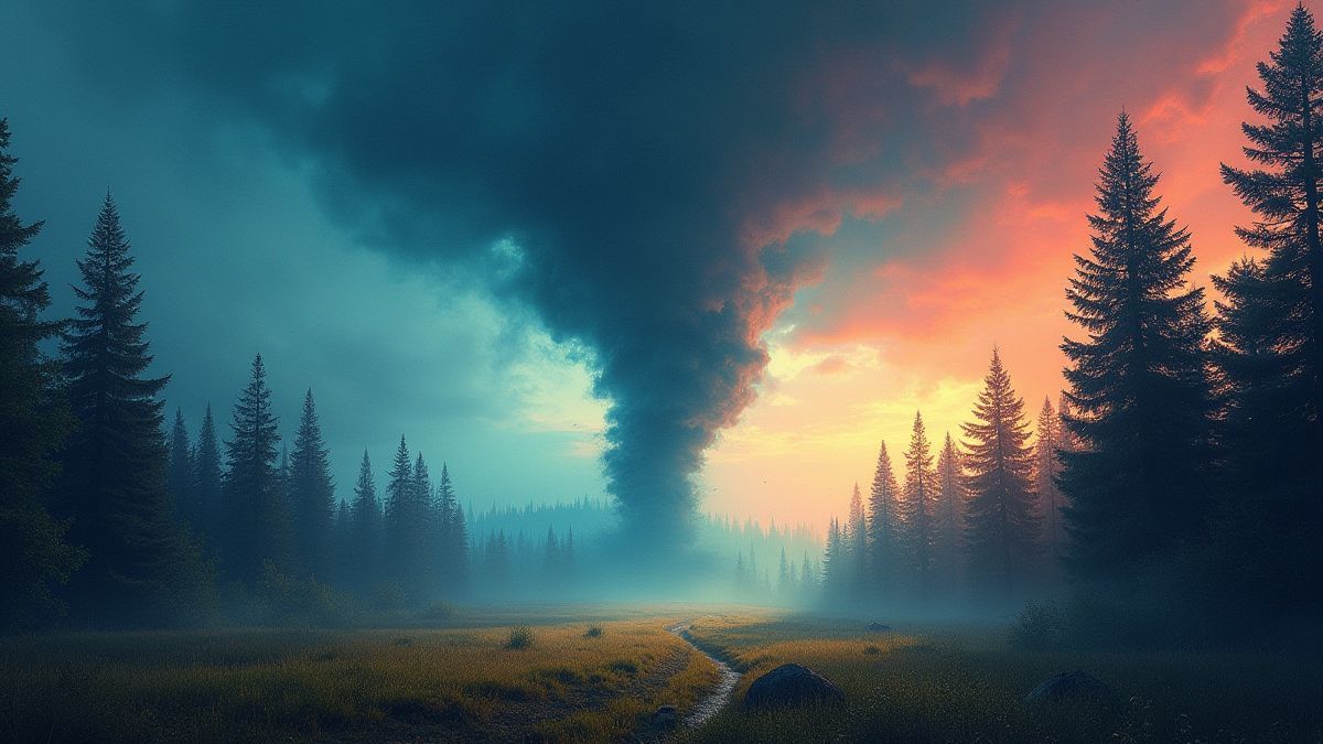 Ein Tornado in einem mystischen Wald, lebendige und magische Farben.
