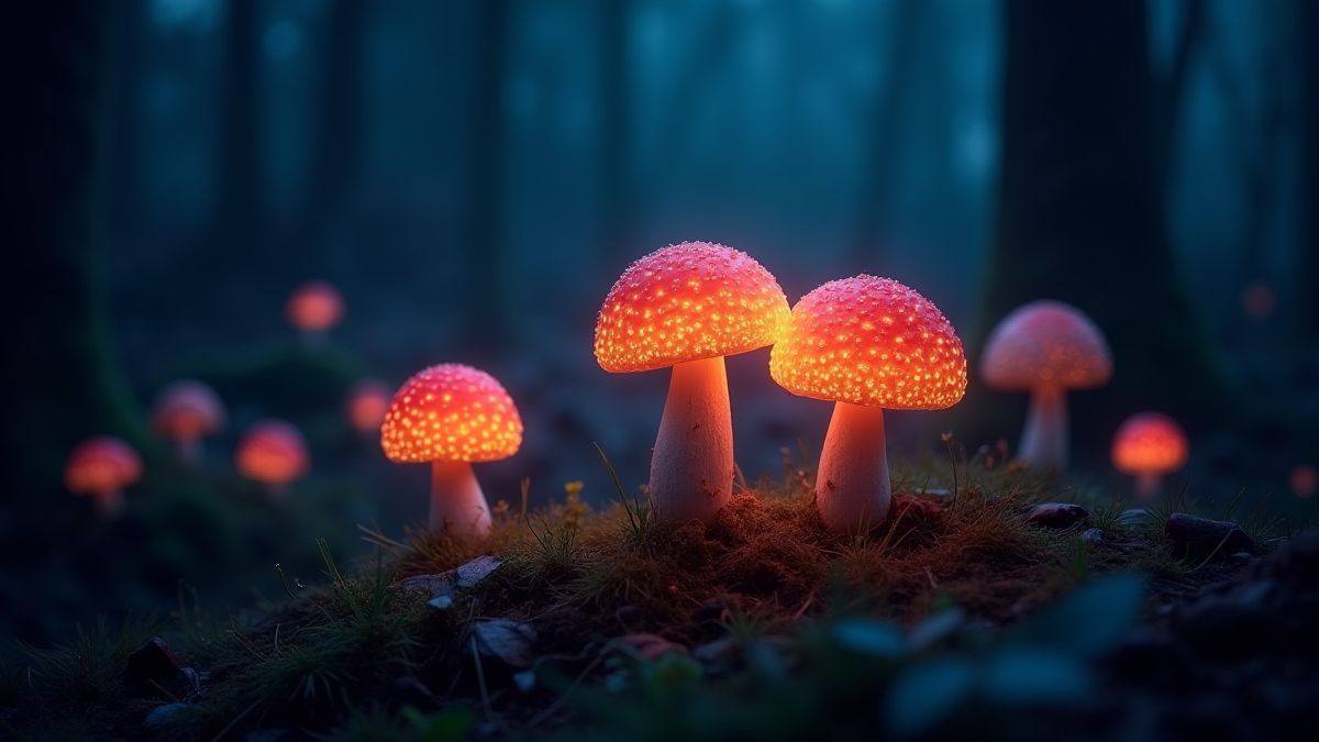 Hongos mágicos brillantes en un bosque oscuro.