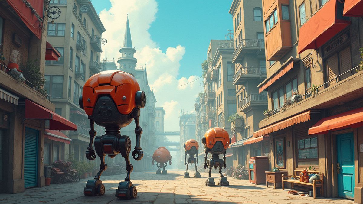 Animated steampunk city with robots interacting.