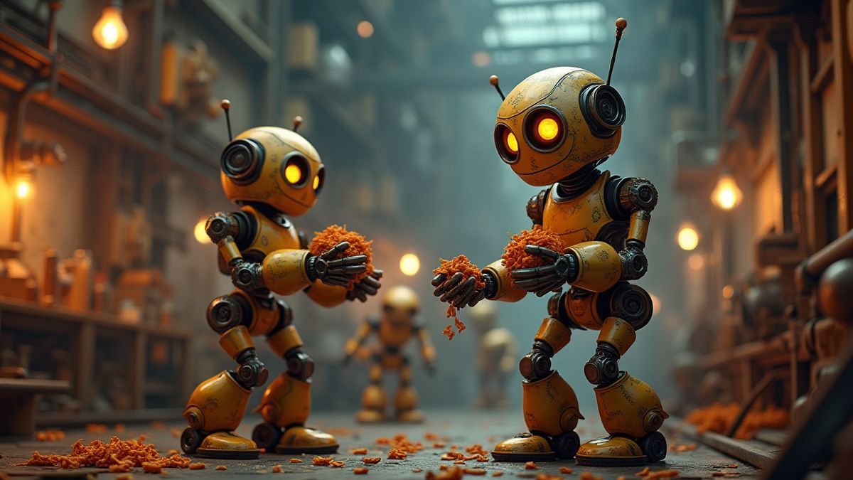 Robots in a steampunk factory delivering prizes.