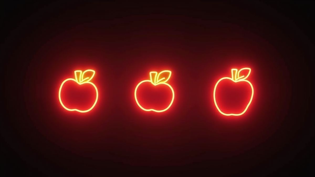 Símbolos de frutas brillantes sobre fondo oscuro.