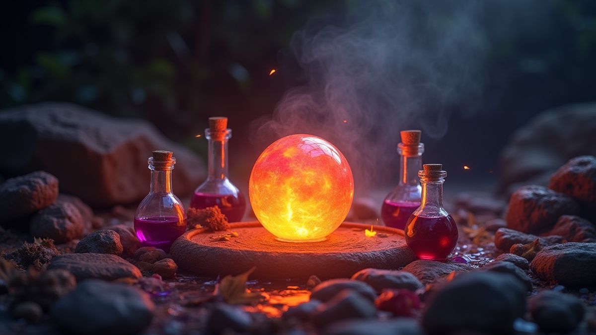 La piedra filosofal rodeada de pociones mágicas.