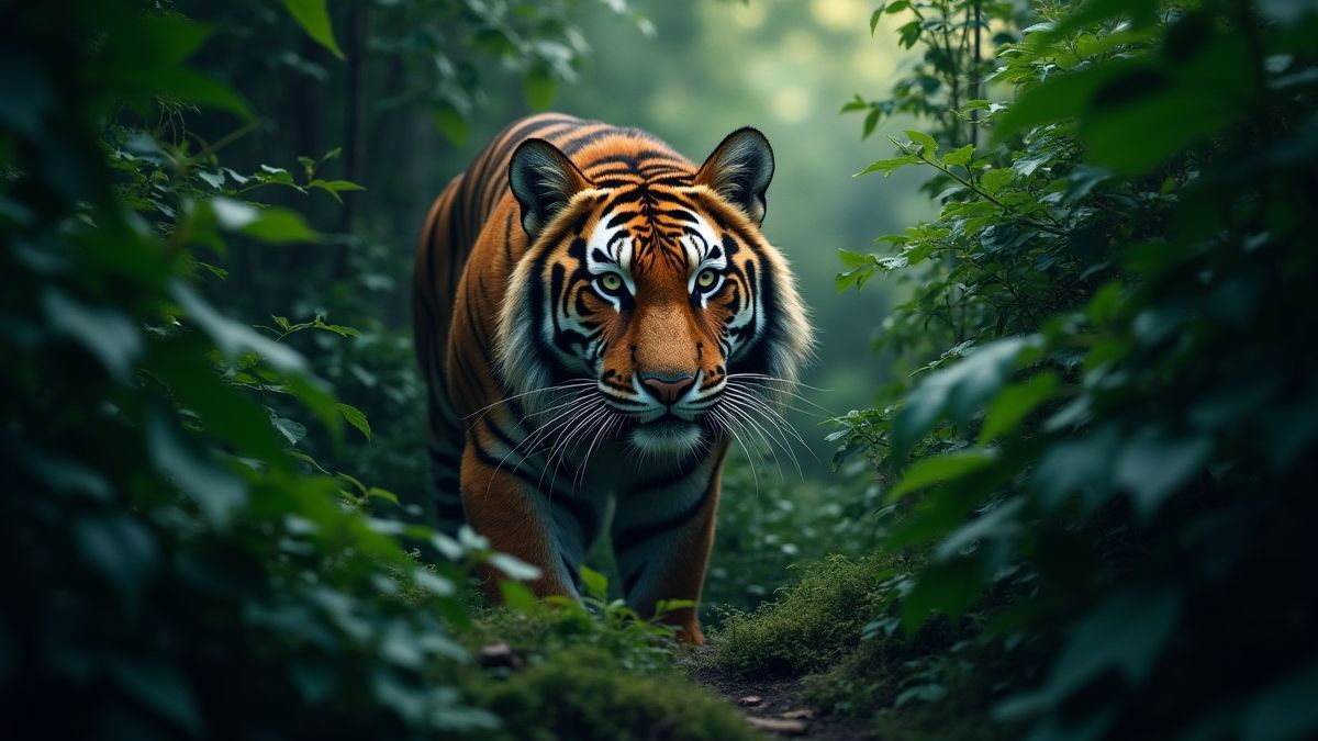 Ein Tiger, der aus dem Dschungel hervortritt.