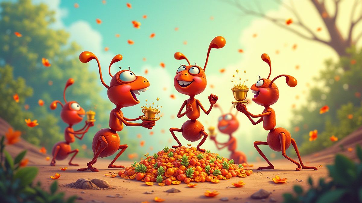 Ants celebrating and winning prizes.