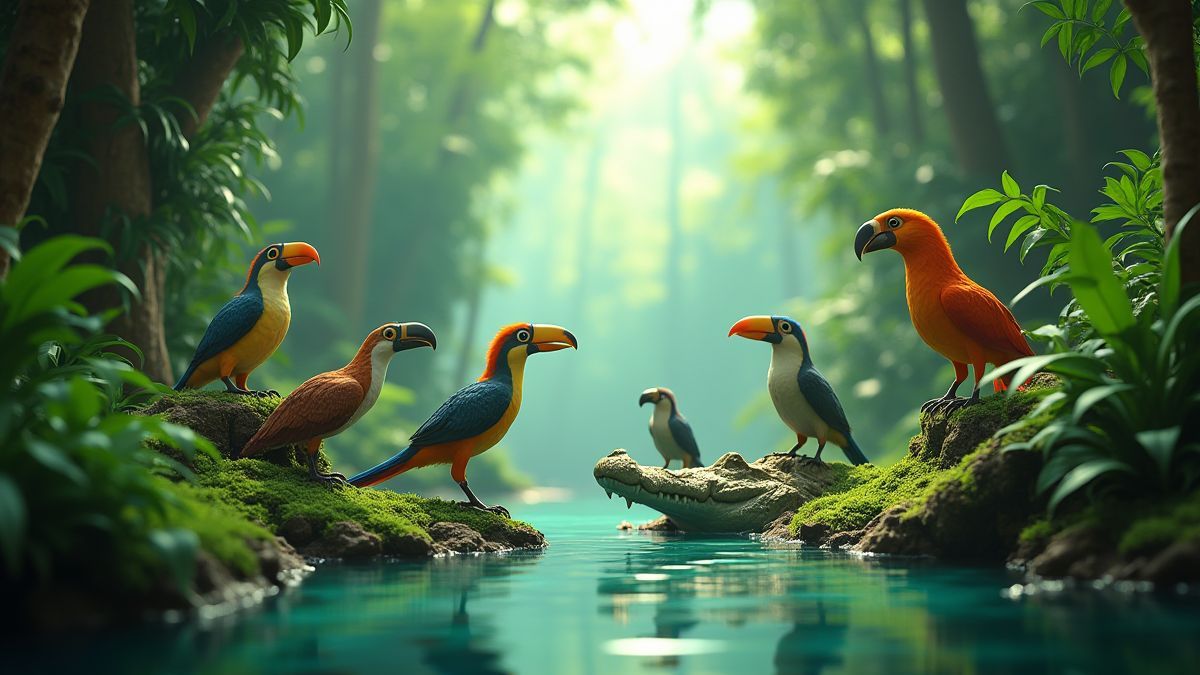 Uma cena de selva com fauna exótica como aves e crocodrilos.
