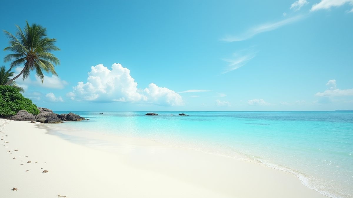 Plage tropicale avec eau cristalline et sable blanc.