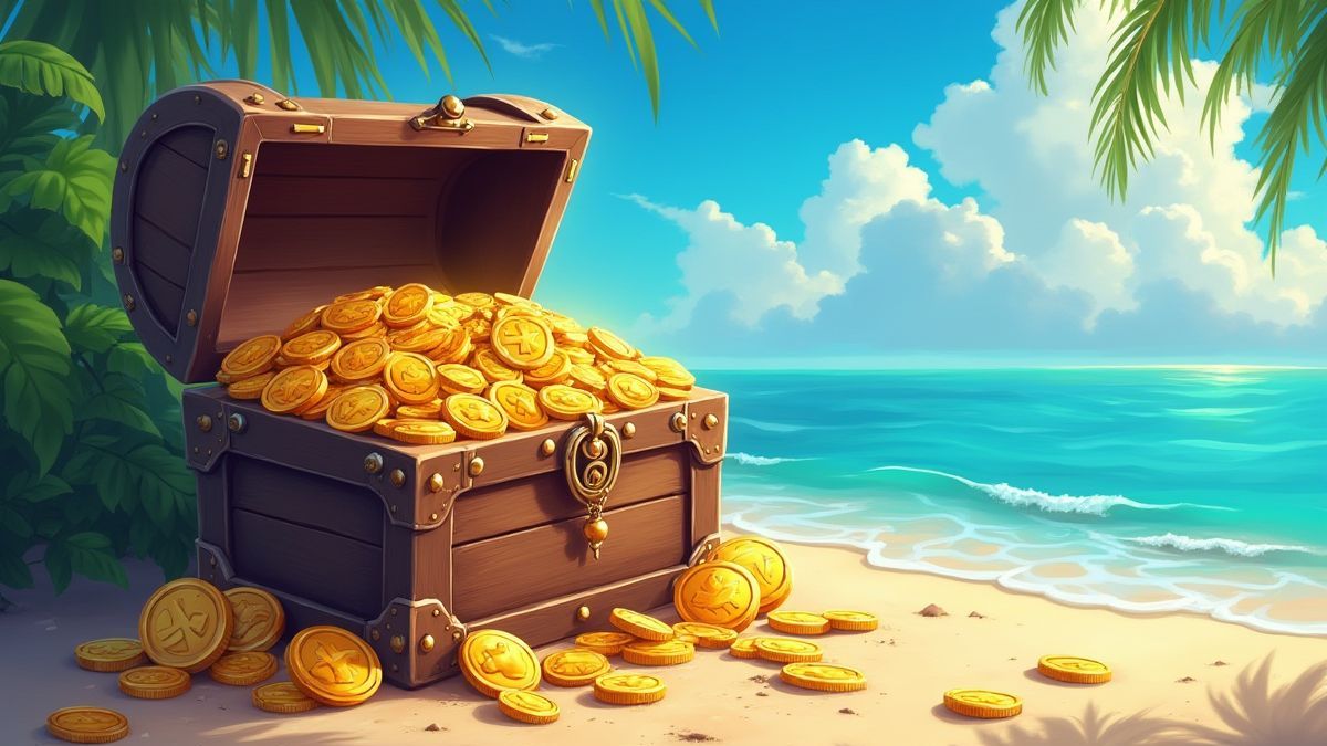 Coffre au trésor rempli de pièces et de bijoux sur une plage tropicale.