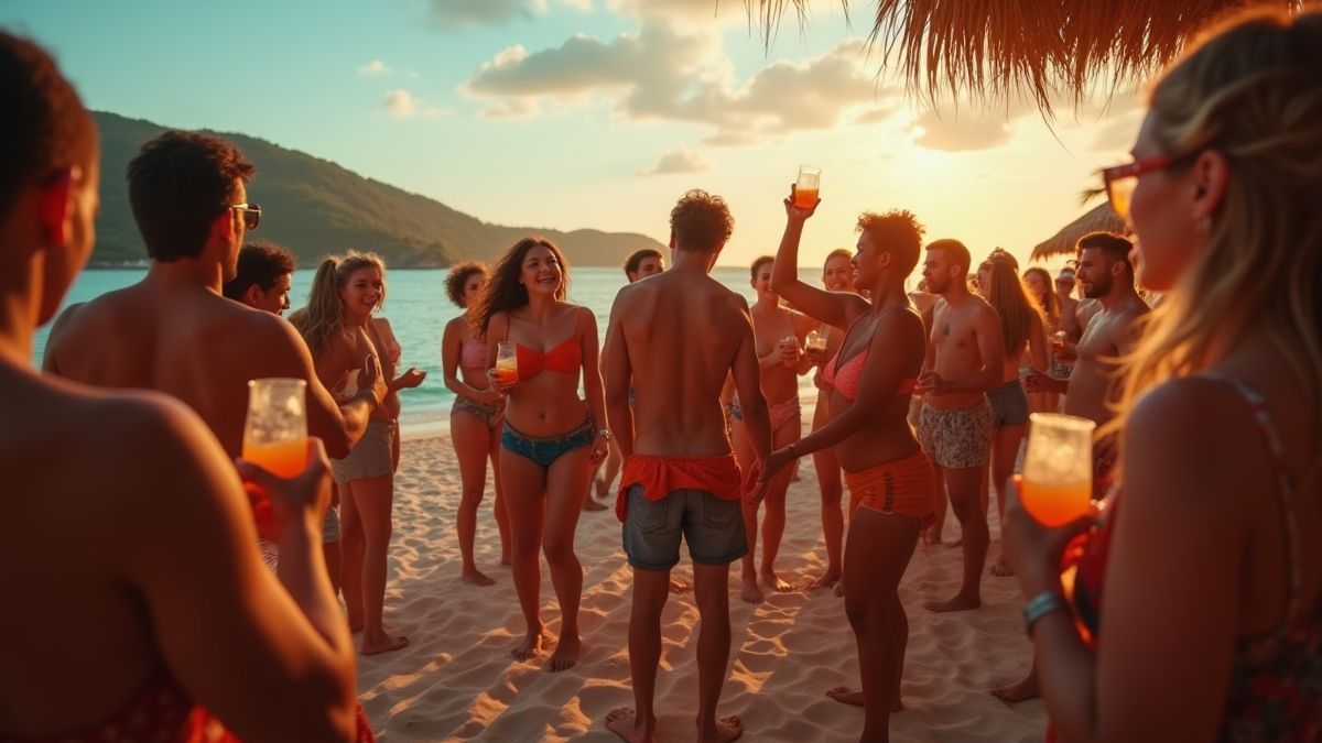 Scène de fête sur la plage avec des gens dansant et buvant des cocktails tropicaux.