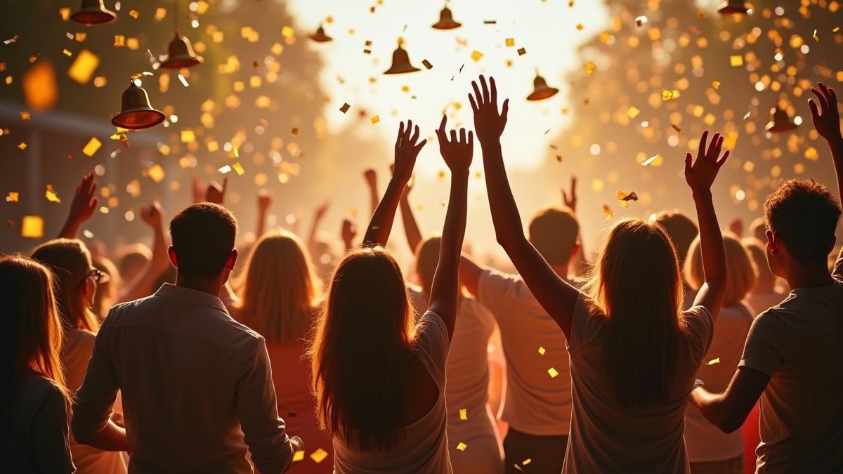 Personas celebrando con confeti y campanas doradas de fondo
