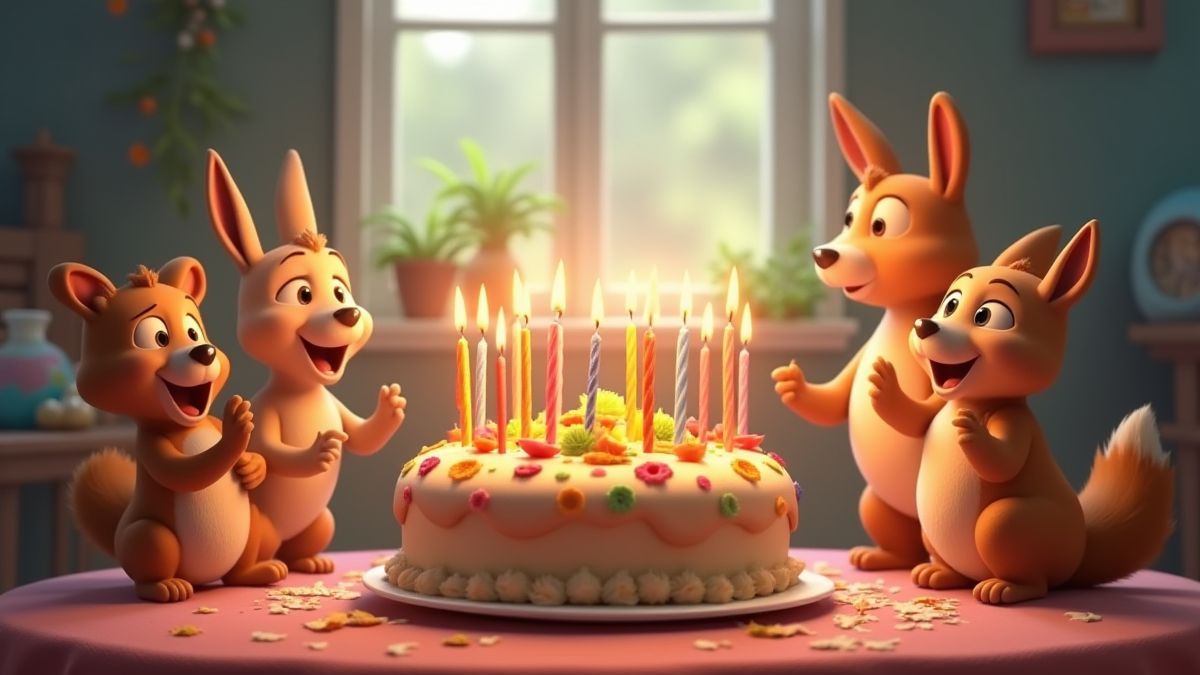 Tarta de cumpleaños animada con velas y animales celebrando.