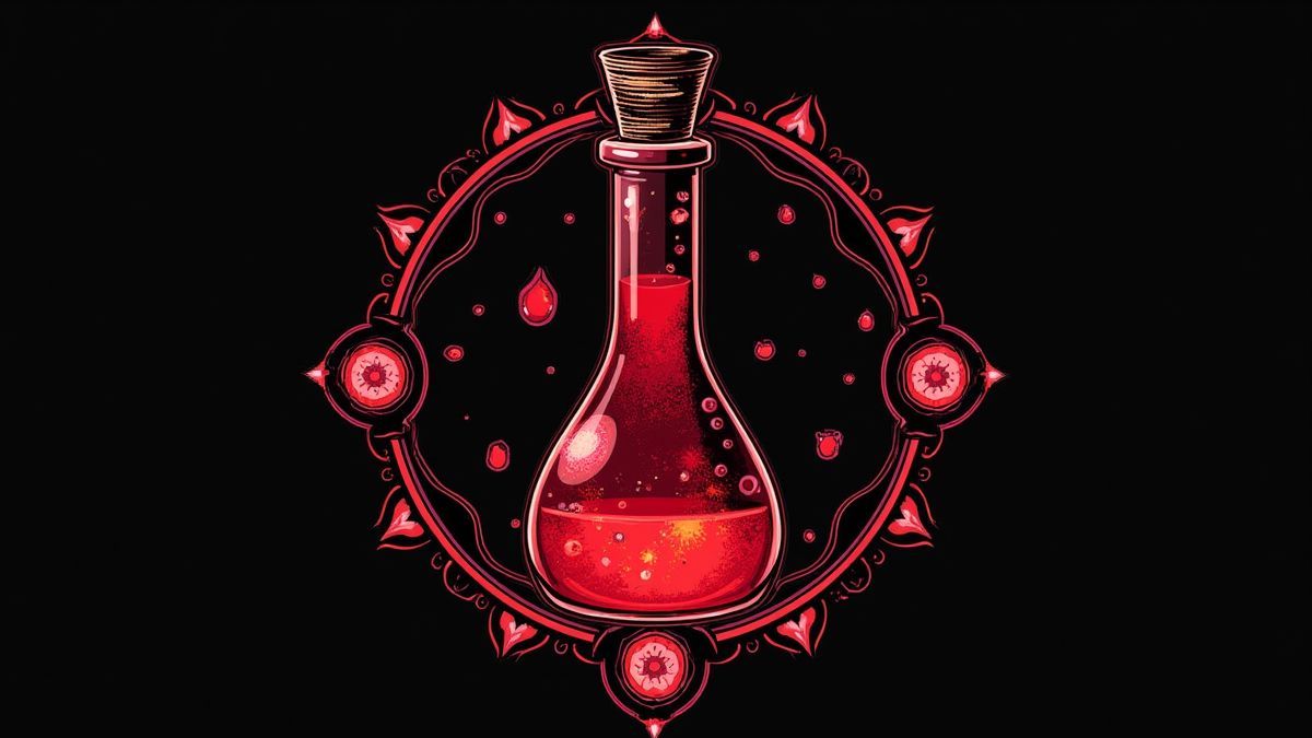 Vial de sangre brillante rodeado de símbolos antiguos.