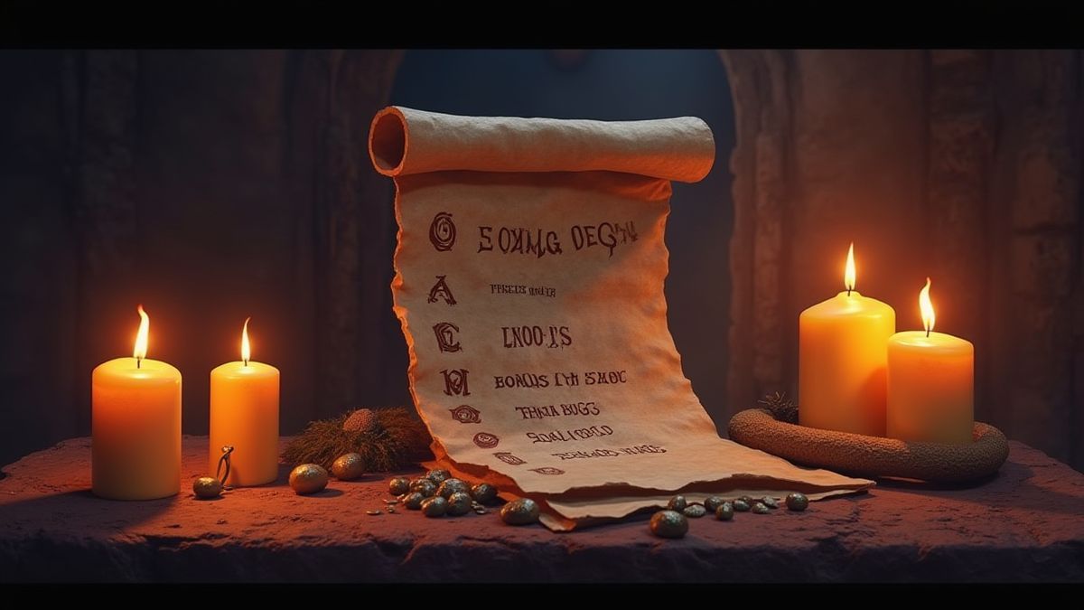 Escena mística con velas brillantes y pergamino antiguo.