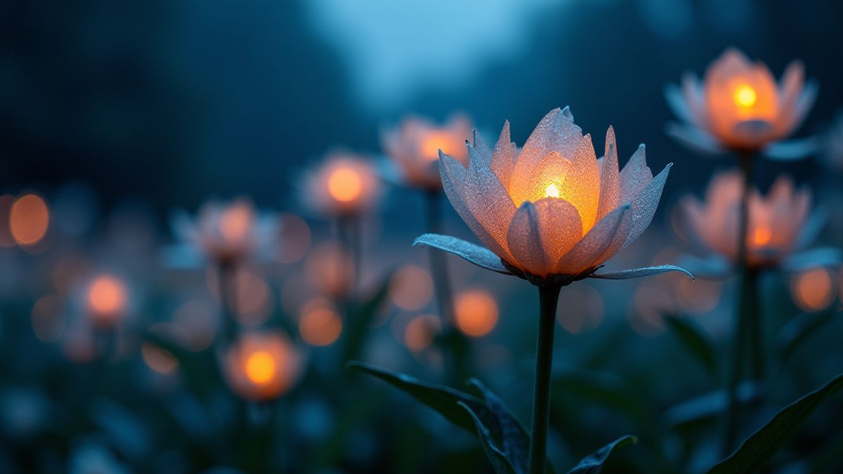 Flores mágicas brillando bajo la luz de la luna.