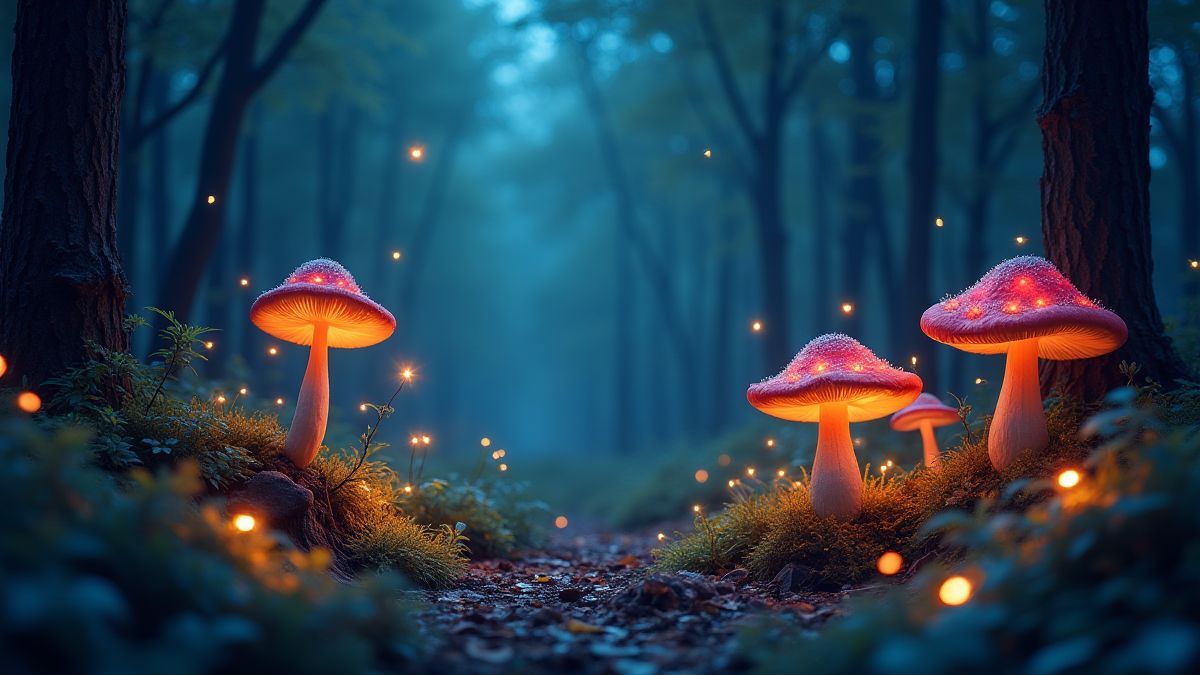 Bosque mágico con hongos luminosos y luciérnagas brillantes.