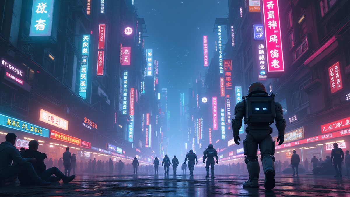 Cidade futurista iluminada com luzes néon e robôs caminhando.