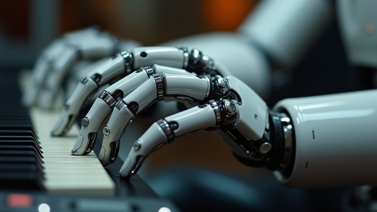 Mãos robóticas futuristas tocando instrumentos musicais.