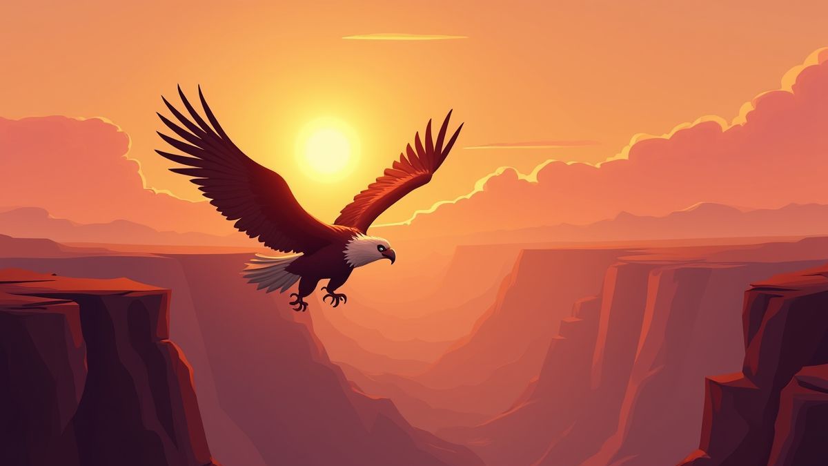 Un águila majestuosa volando sobre un cañón al atardecer.