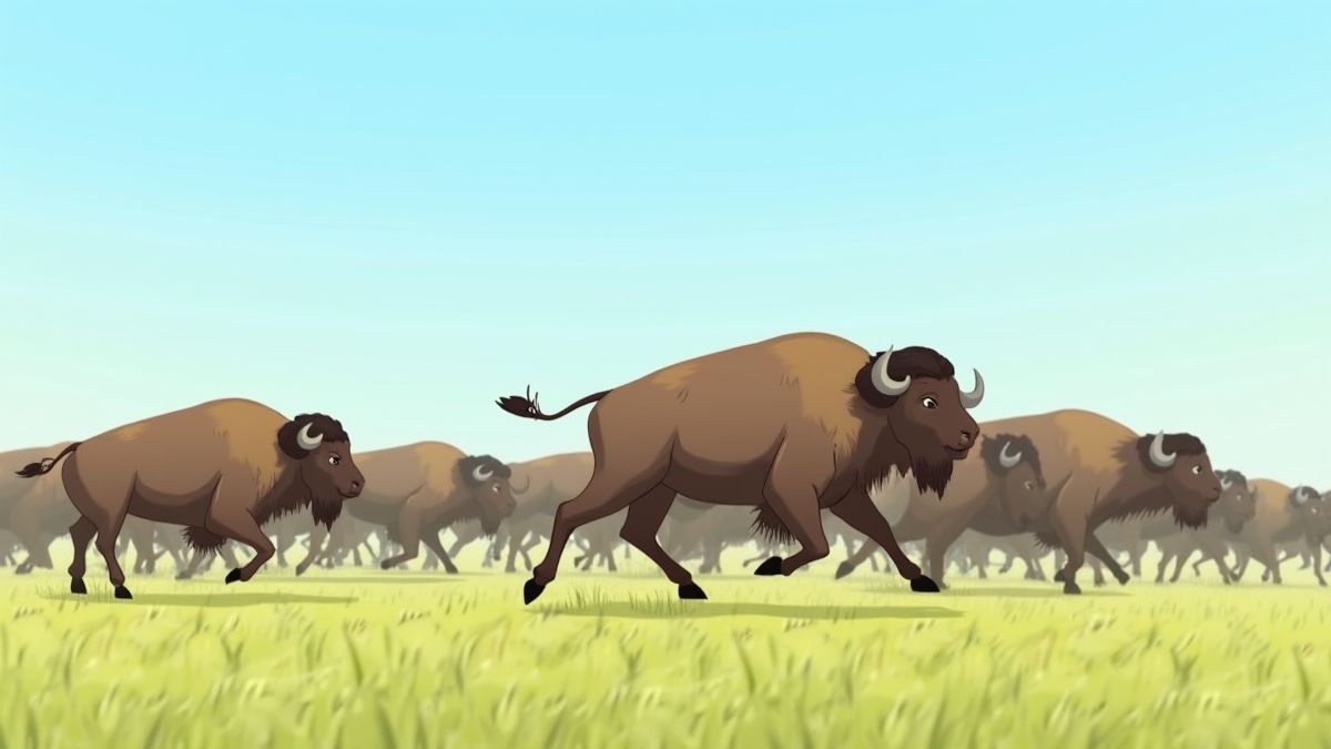 Una manada de búfalos corriendo por una pradera bajo un cielo azul.