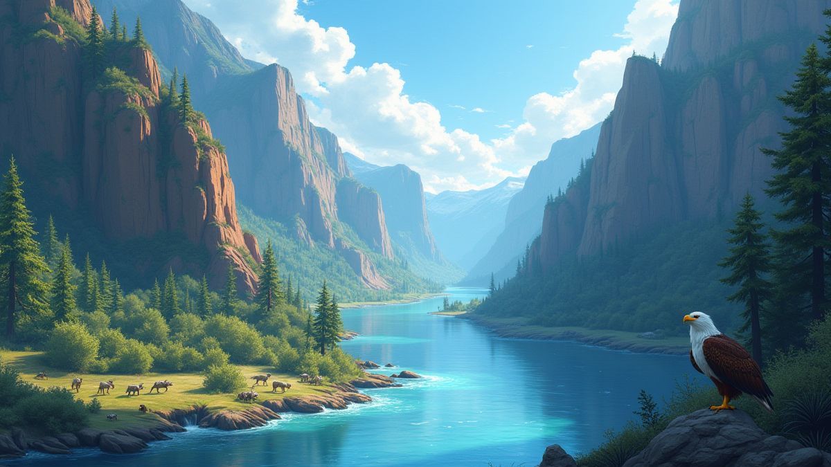 Un río de cañón rodeado de vida salvaje como lobos y águilas.