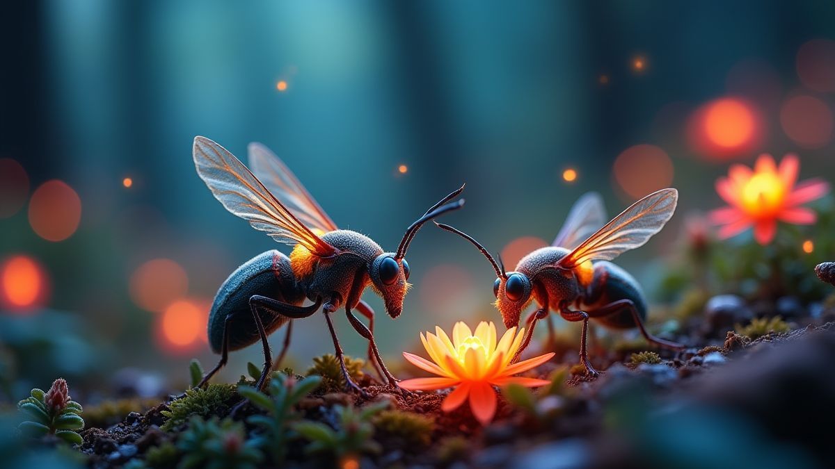 Kleurige insecten die interageren met gloeiende bloemen in een magisch bos.