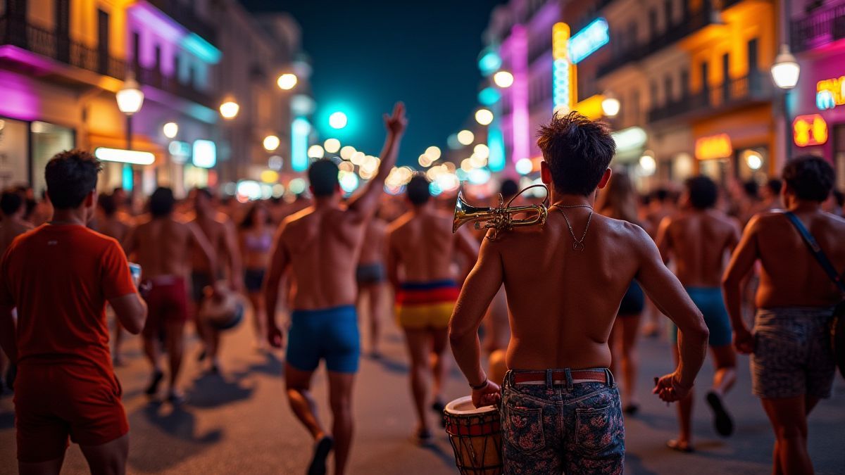 Desfile callejero con bailarines de samba y músicos tocando instrumentos.