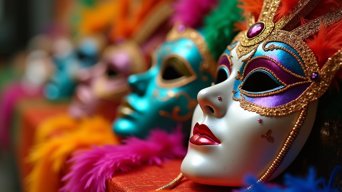 Máscaras de carnaval y plumas coloridas en una mesa decorada.