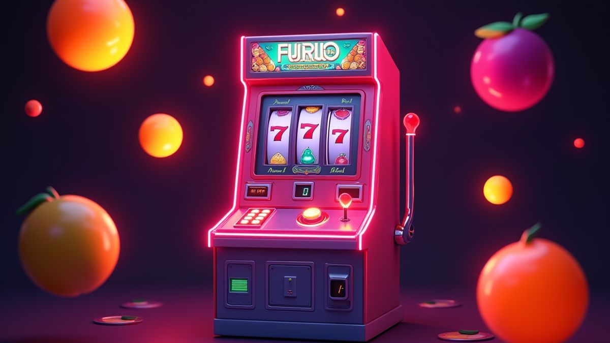 Retro arcade machine with bright fruit symbols.