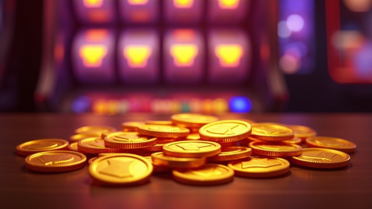 Golden coins on a neon background with bright reels.