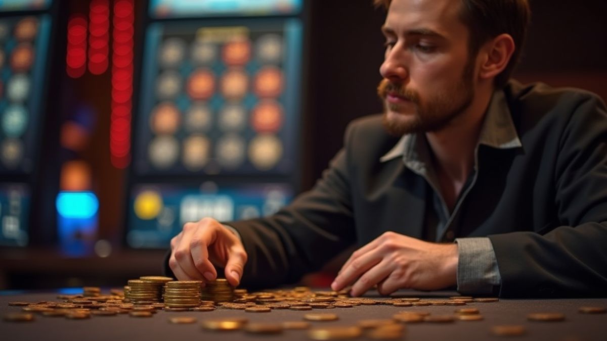 Spieler strategisiert mit Münzen und Slot-Bildschirm