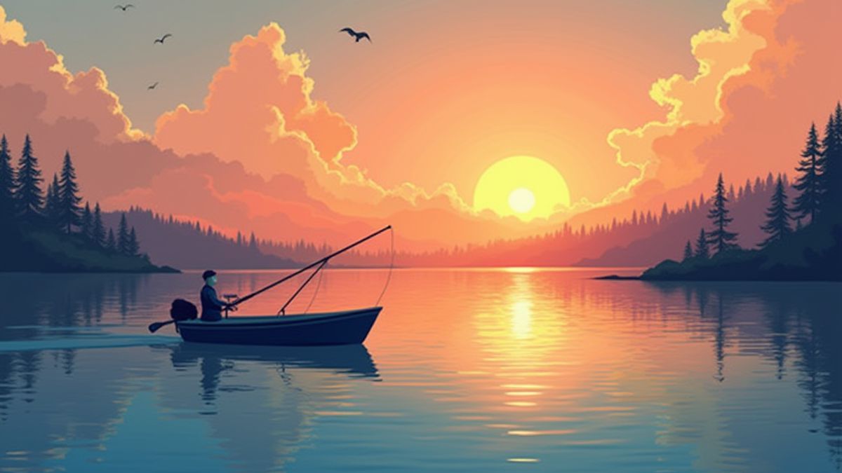 Un barco de pesca en un lago tranquilo durante la puesta de sol.