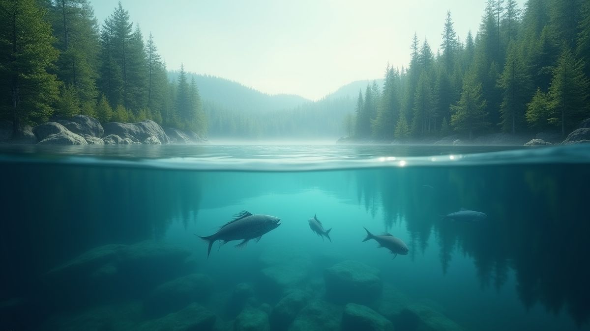 Un lago tranquilo rodeado de árboles con peces visibles bajo el agua.