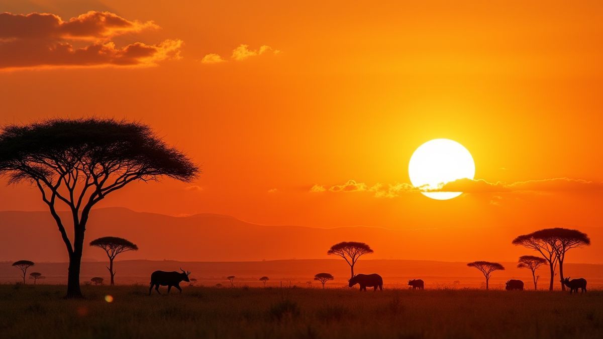Vista al atardecer de la sabana africana con árboles de acacia y animales en movimiento.