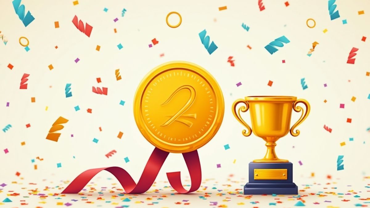 Gold medal and trophy surrounded by confetti.