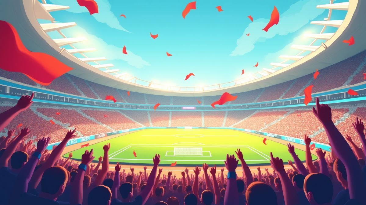 Stadium filled with fans cheering with colorful banners.