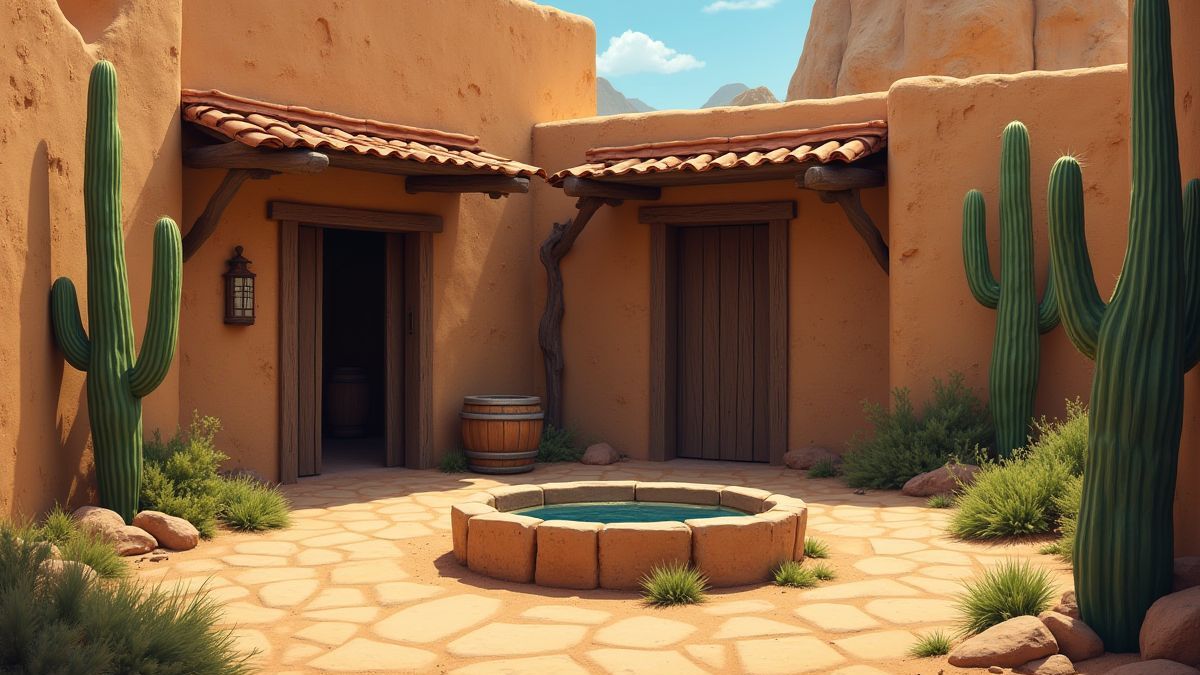 Una escena del desierto con una prisión y un pozo de agua.