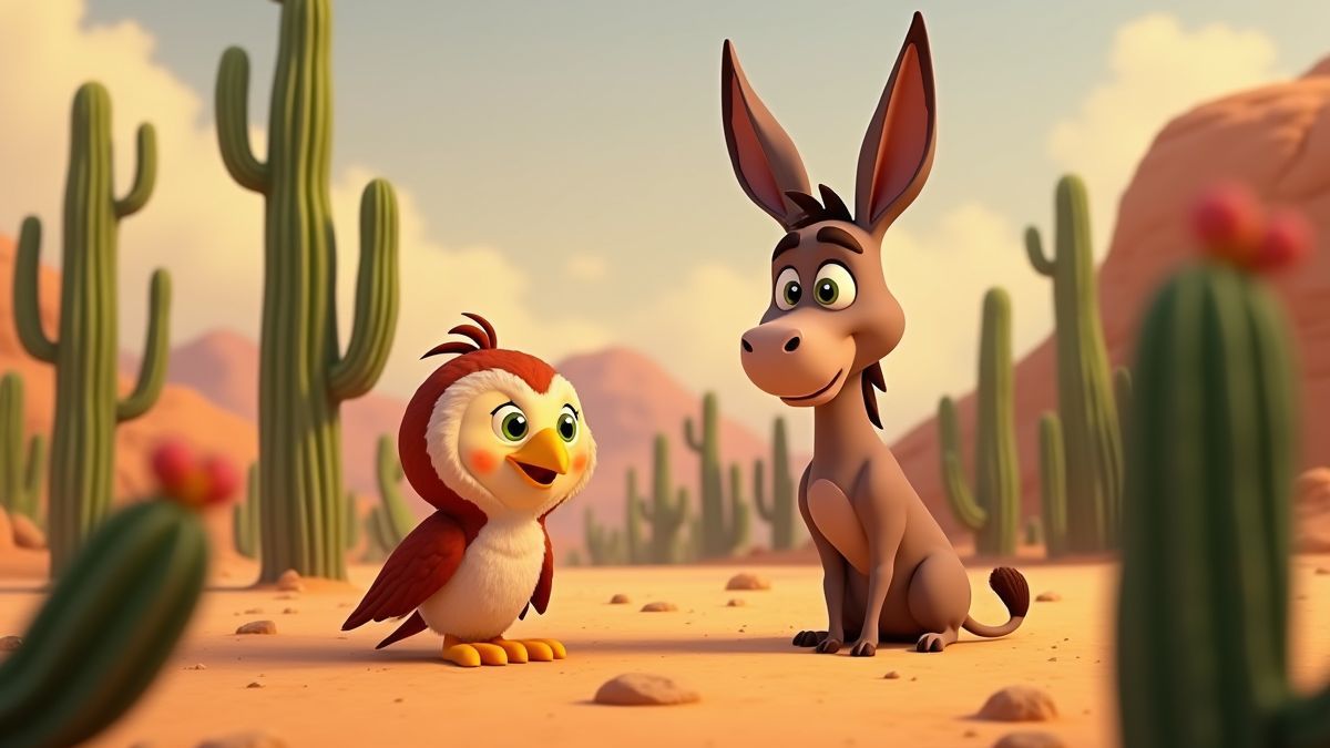 Animales del desierto, como un búho y un burro, entre cactos.