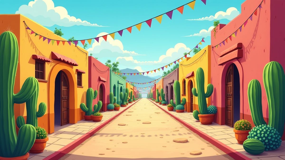 Animated Mexican street with cacti and colorful houses.