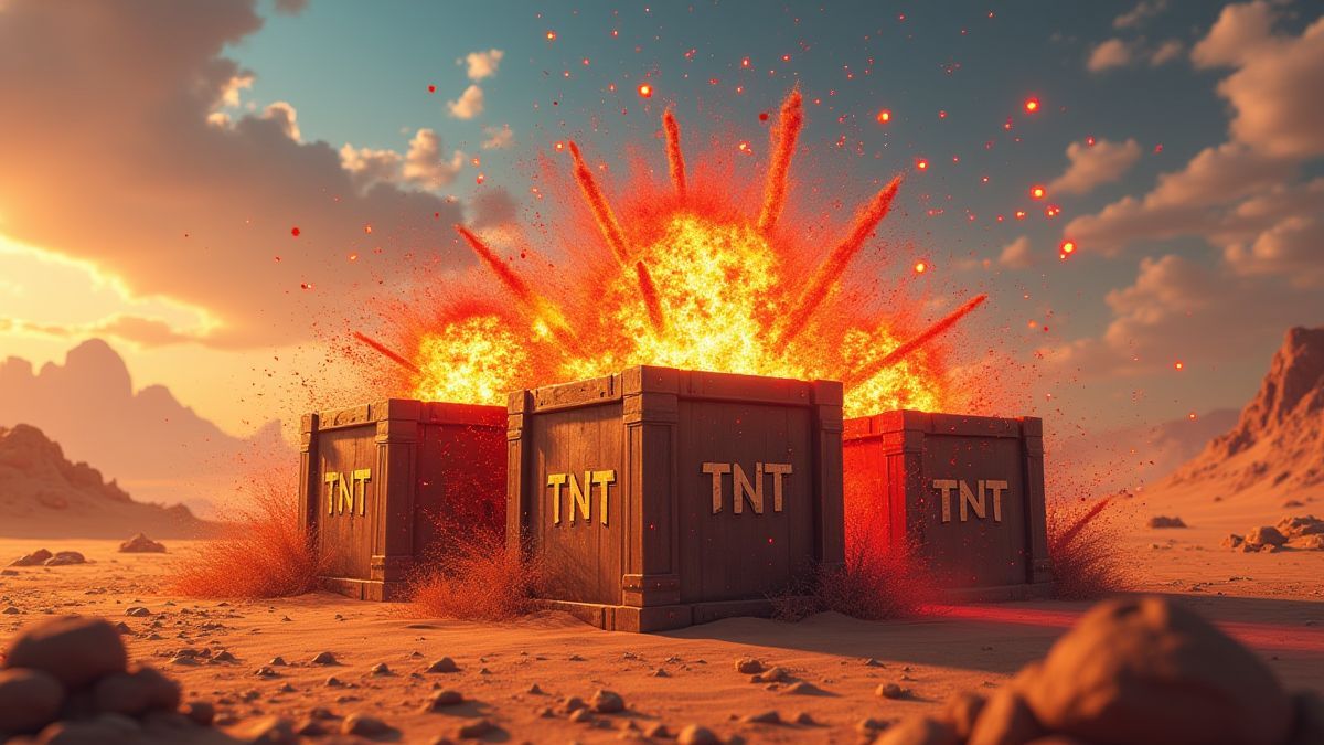 Exploding TNT crates and vibrant Wild symbols in the desert.